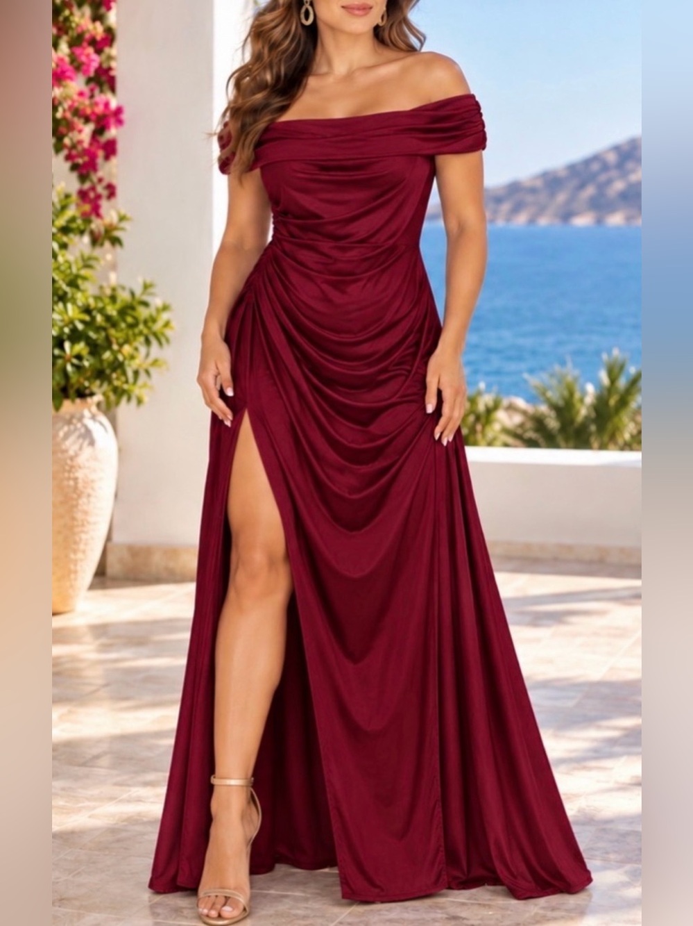 OYS~ Elegant Off-Shoulder Burgundy Evening Gown. Size M